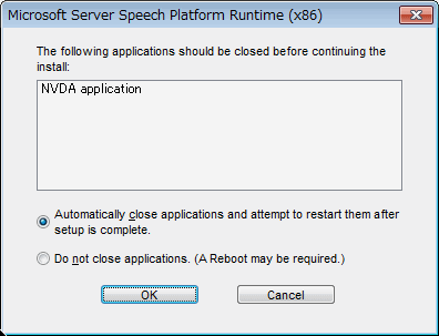 The following applications shoud be closed before continuing the install: NVDA application